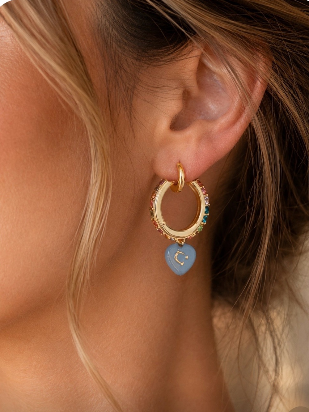 NWT Coach Rainbow Pavé Heart Charm Huggie Hoop Earrings Blue Gold
